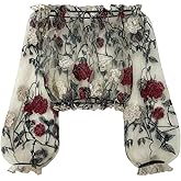 GORGLITTER Women's Floral Embroidered Off The Shoulder Tops Mesh Sheer Long Sleeve Crop Boho Shirt Tops