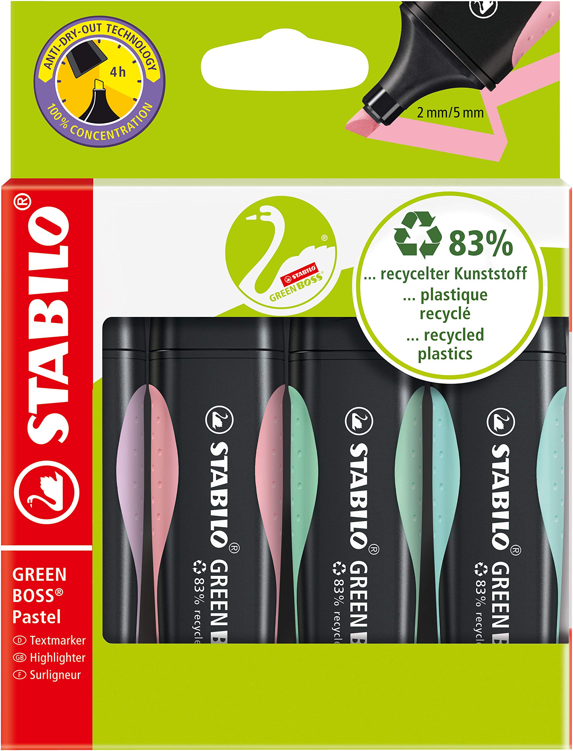 STABILO GREEN BOSS Pastel - Highlighter - Pack of 4 - Touch of Turquoise, Hint of Mint, Pink Blush, Lilac Haze