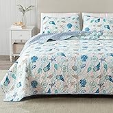 Great Bay Home Coastal Quilt Set - 3-Piece Full/Queen Size Nautical Bedding Set - Lightweight, All-Season, Reversible Coral-Printed Bedspread (Blue Coral)