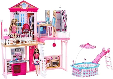 Barbie Set Completo Casa E Piscina Set Regalo Inclusi 3 Bambole E 3 Set Di Mobili