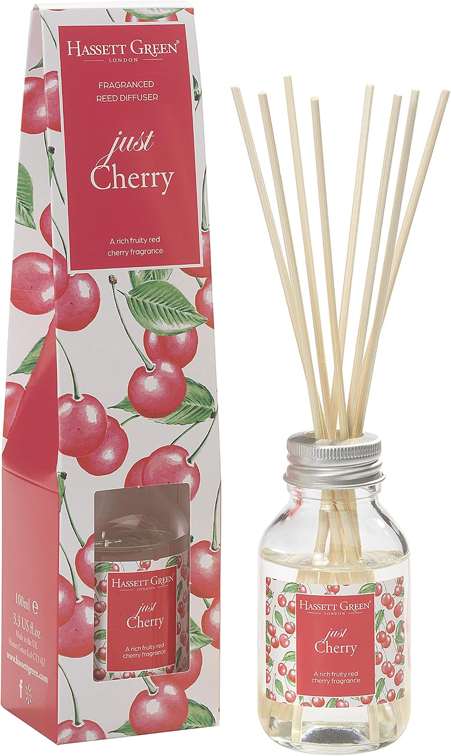 Just Cherry Fragrance Oil Reed Diffuser 100ml - Long Lasting Home Indoor Fragrance - with 8 Rattan Reeds, Green,red, 100 ml (Pack of 1)
