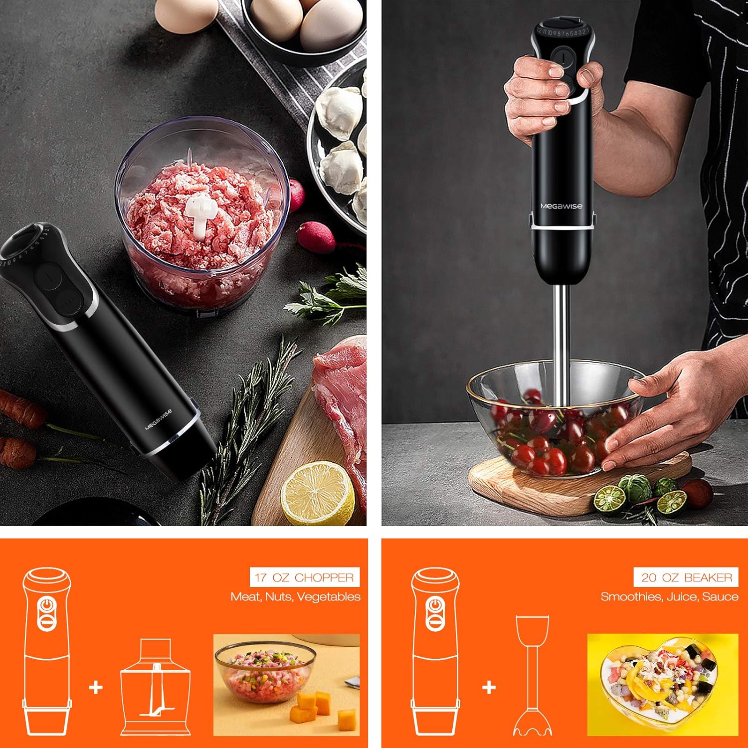 5-in-1 Immersion Hand Blender, MEGAWISE Powerful 800 Watt 12-Speed Stick Blender with Sturdy Titanium Plated Stainless Steel Blades, Including 500ml Chopper, 600ml Beaker, Whisk and Milk Frother Attachments, Dishwasher Safe and BPA-Free: Kitchen & Dining