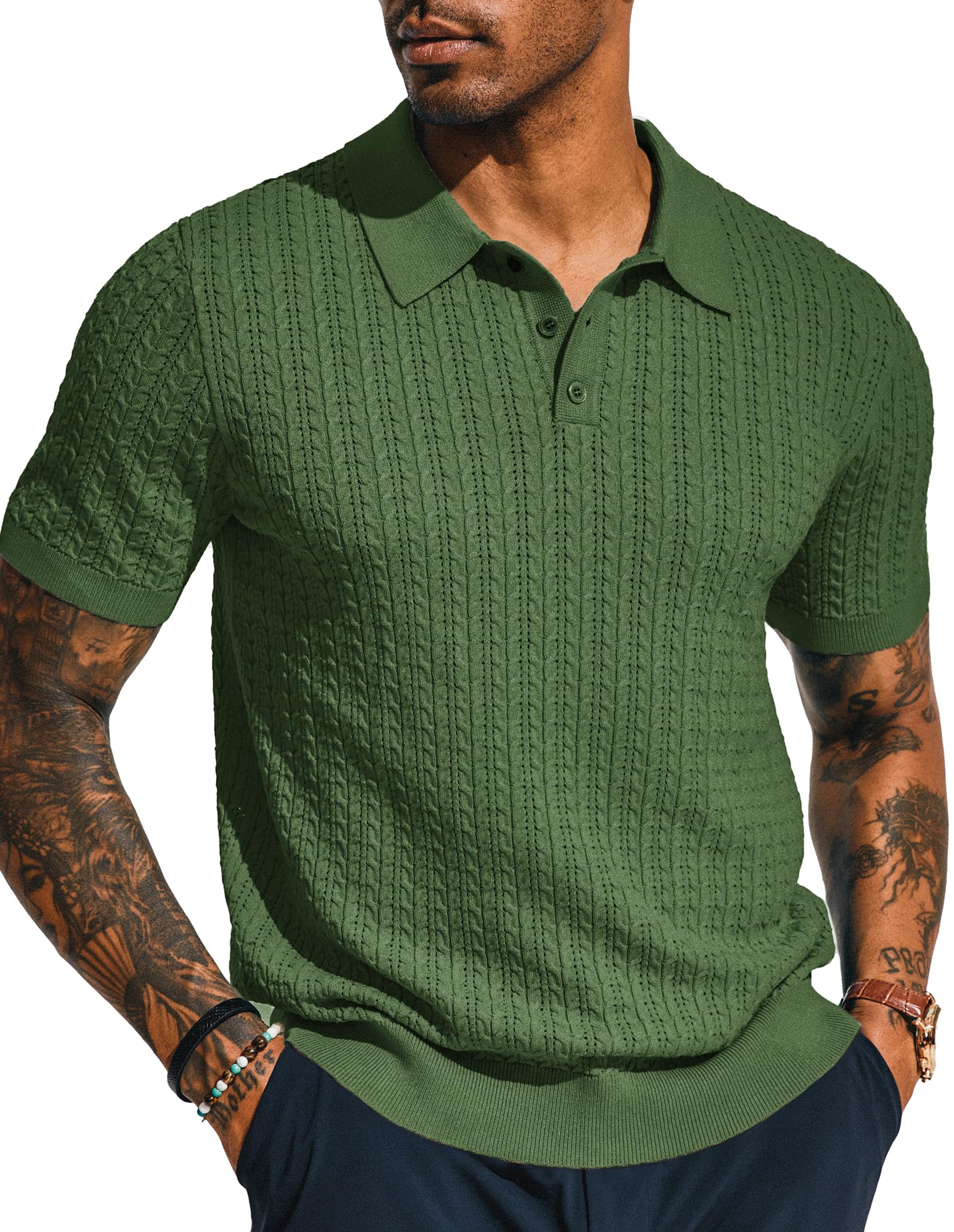 PJ Jones for Polo Shirt for Men Short Sleeve Textured Knitted Shirts Casual Vacation Knit for Polo Shirt Army Green Image