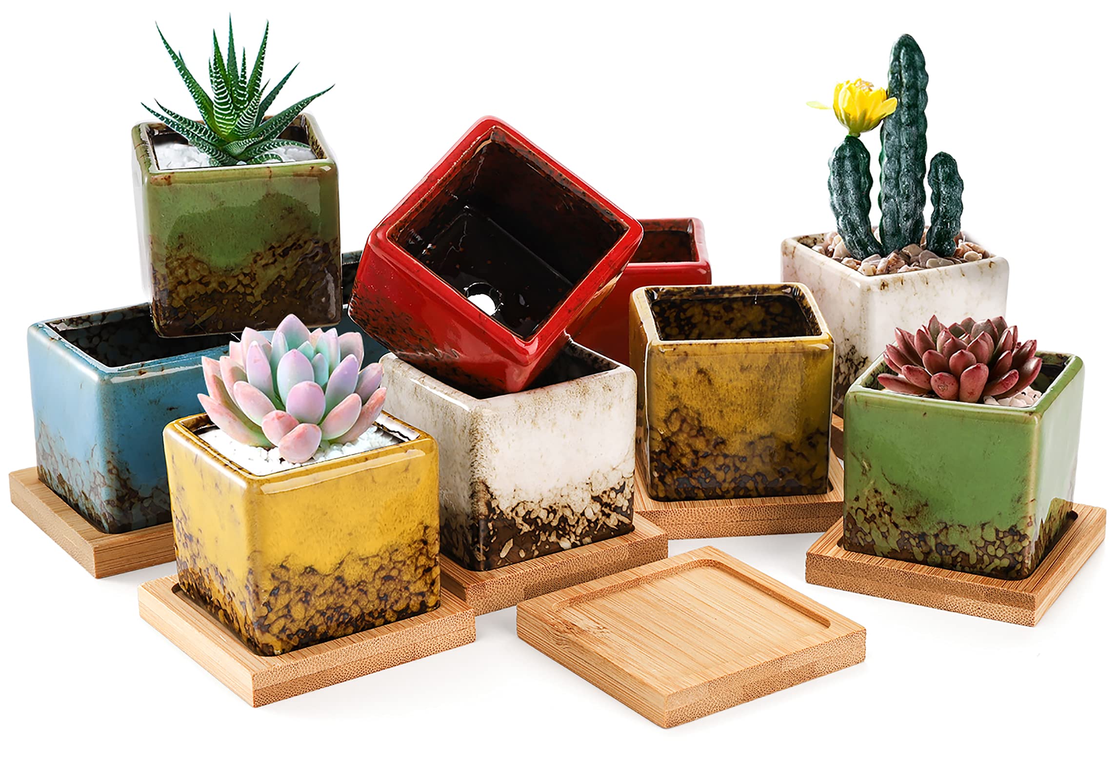 TOPZEA Set of 10 Succulent Planter Pots, 2 Inch Square Ceramic Glazed Cactus Plant Pot Tiny Flower Container with Drainage Hole & Bamboo Tray for Desk, Windowsill, Home Decor, Coffee Bar