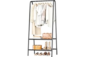 JOISCOPE Portable Metal Small Garment Rack, Sturdy Clothing Rack with Double Layer Shelf for Storing Clothes, Shoes, Suitable for Bedroom, Office, Living Room, 24.4 * 13.8 * 62Inches, Black