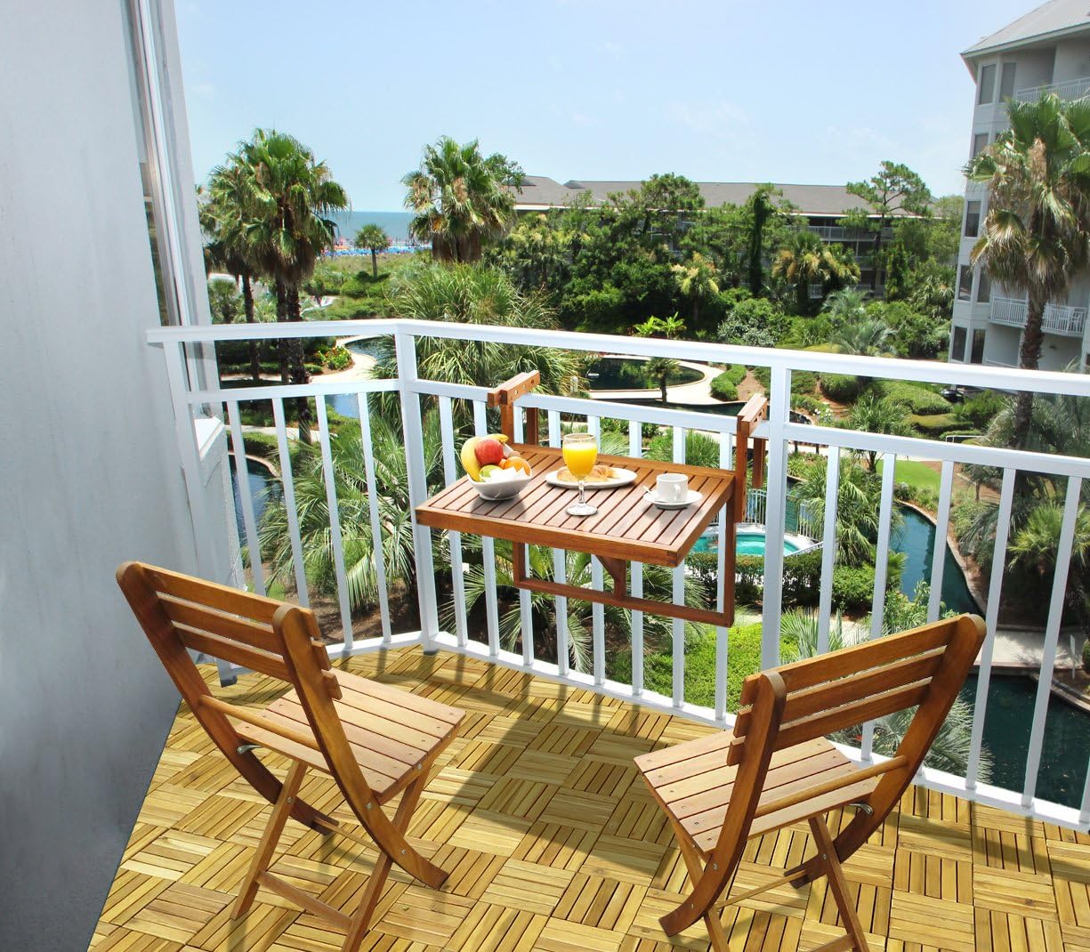 INTERBUILD REAL WOOD Balcony Table & Sofia Chairs (1 table + 2 Chairs) |Small Balcony, Saving space Table set | Folding Table set | Golden Teak Finishing