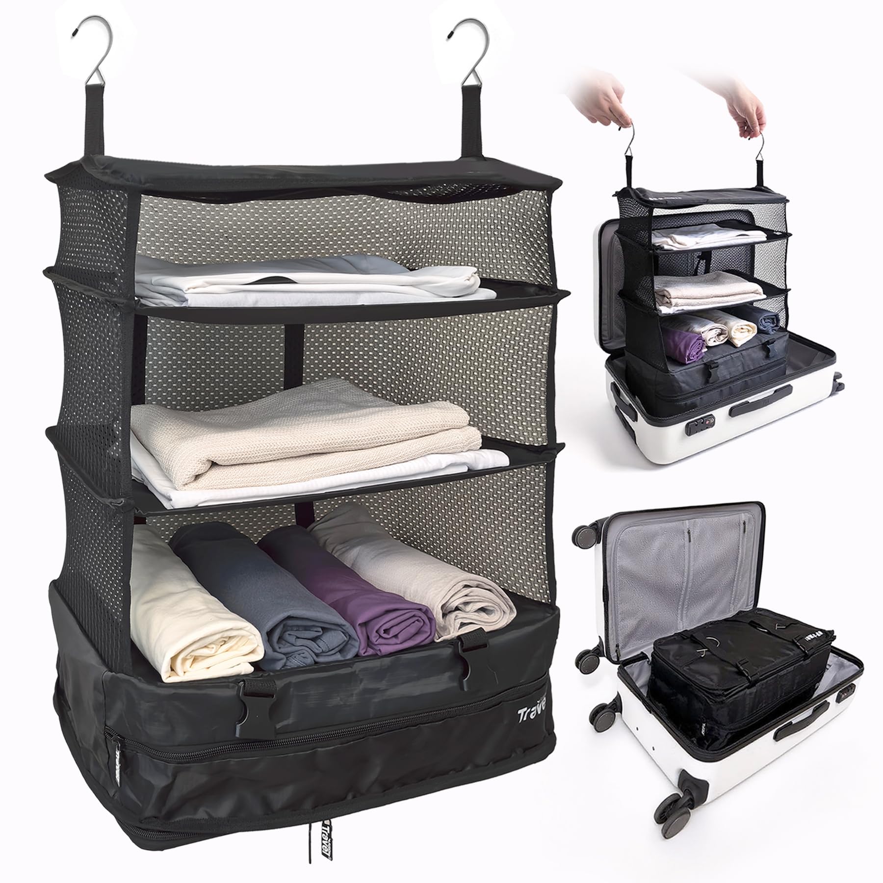 Photo 1 of Grand Fusion Stow-N-Go Travel Luggage Organizer – Portable Hanging Travel Shelves, Carry-On Closet Organizer, Hanging Packing Cubes, Collapsible Carry-On Organizer for Cruises & Hotels. Black - XL