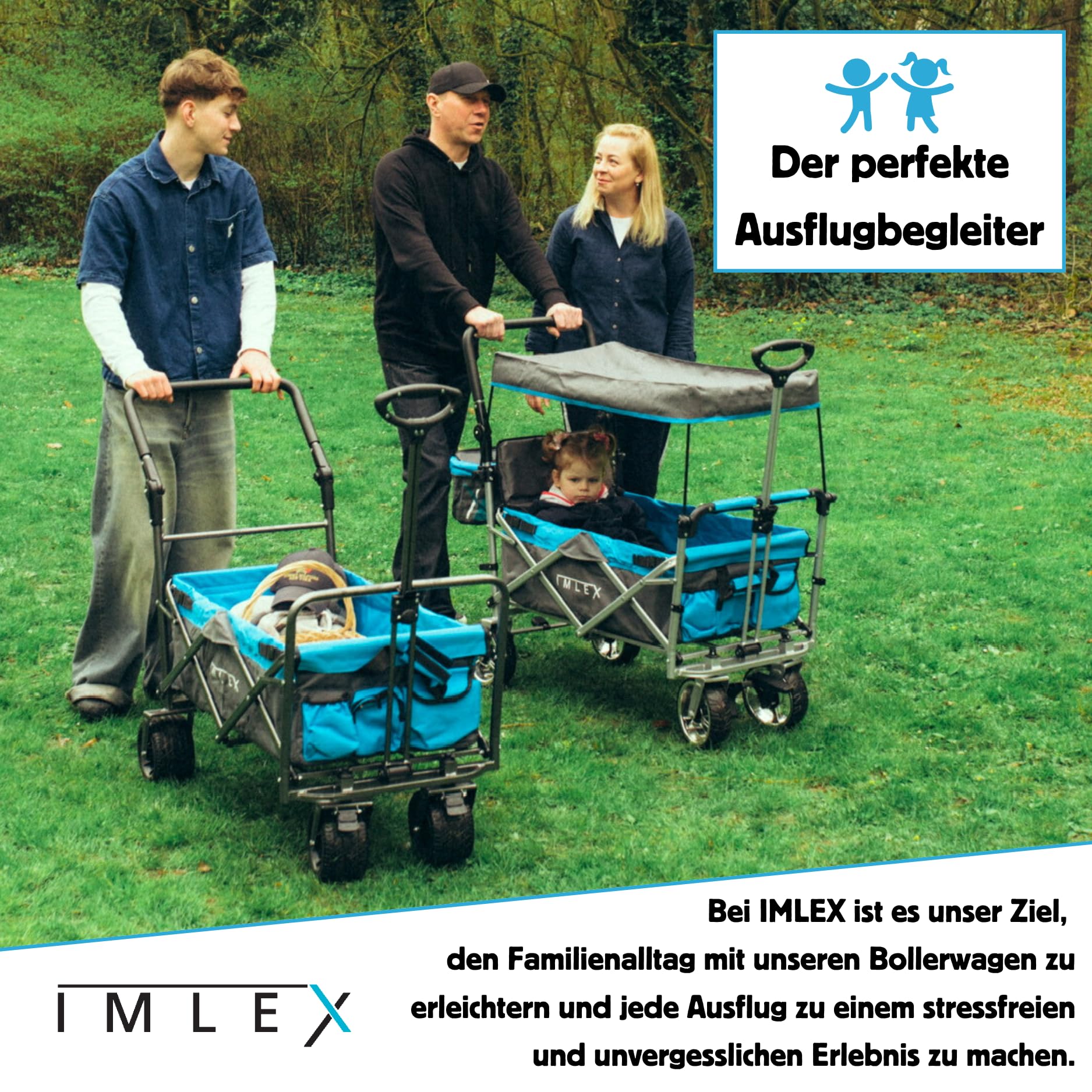 IMLEX Bollerwagen faltbar XXL mit Dach – Handwagen für 2 Kinder bis 80 kg – Schiebegriff & Zugstange – Geländereifen – kompakt klappbar für Strand, Camping, Garten, Zoo & Freizeit IM-4268 Türkis 6
