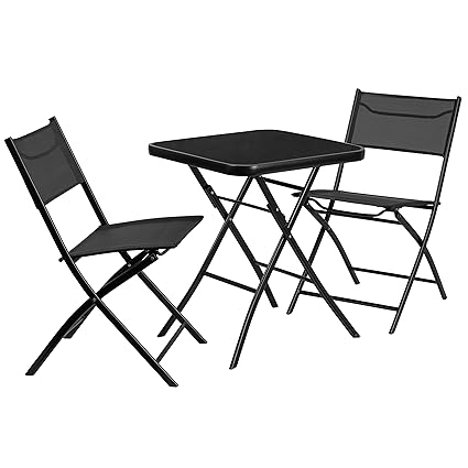 Flash Furniture 23.75 Square Tempered Glass Metal Outdoor Table Set with 2 Textilene Fabric Folding Chairs