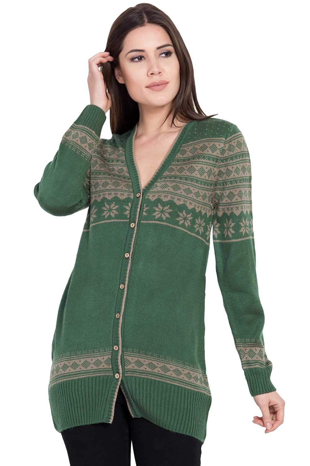 boxymoxy designer dark green and beige color woolen wear sweater cardigan with buttons for girls & women