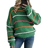 QIBABU Womens Striped Sweaters Casual Lantern Sleeve Color Block Knit Pullover Sweater Tops