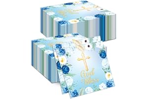 First Holy Communion Napkins with Gold Cross White Floral Design with Gold and Green Leaves God Bless Script, Religious Sacra