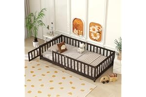 A ALFRESCOOL Twin Size Montessori Floor Bed with Safety Fence & Convertible Door, Pine Wood Toddler Floor Bed Frame with Support Slats and Full-Length Guardrails for Kids Girls Boys (Espresso)