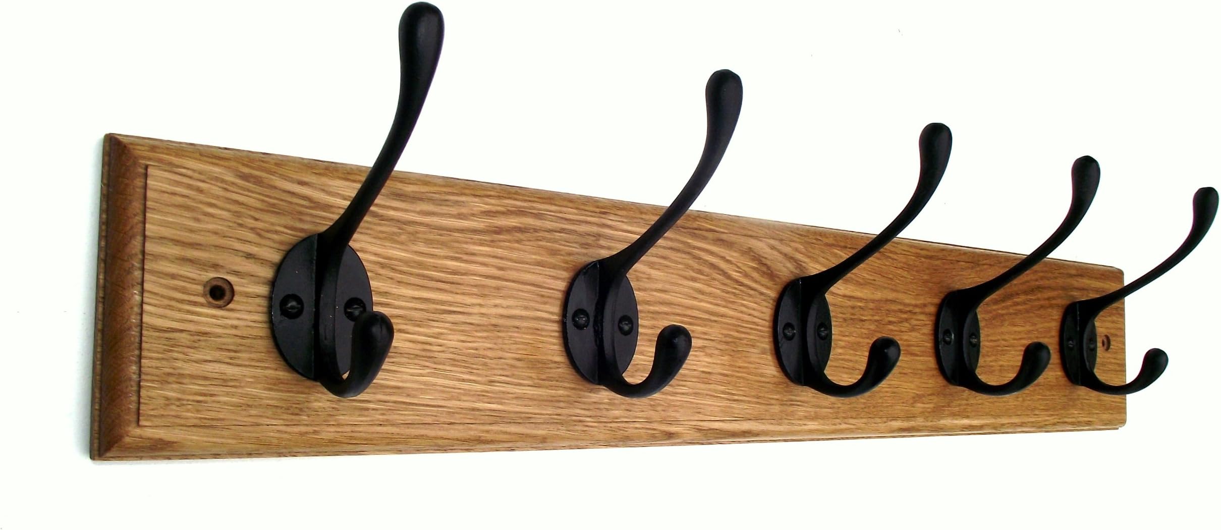 11 Sizes - Handmade - Solid Oak Coat Rack with 5 Black cast Iron Coat Hooks (Traditional 5 Hook)