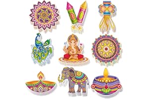 HEDEEY Diwali Paper Cutout Decorations for Home,Diwali Decor with Rangoli Peacock Ganesh Diya Elephant for Rangoli Deepavali Party Decorations Supplies-45 Pcs