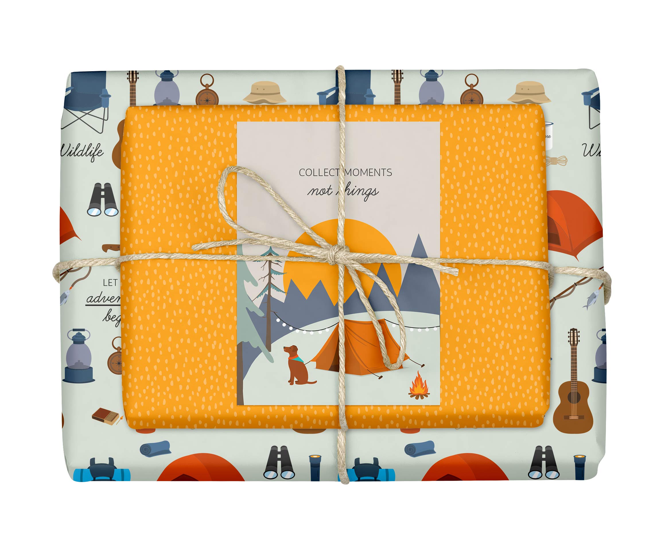 4 x dabelino Gift Wrap Travel/Camping + Card "Collect Moments Not Things" (Recycled Paper, Gift, World Travel, Backpacker, Camping, Wanderlust)