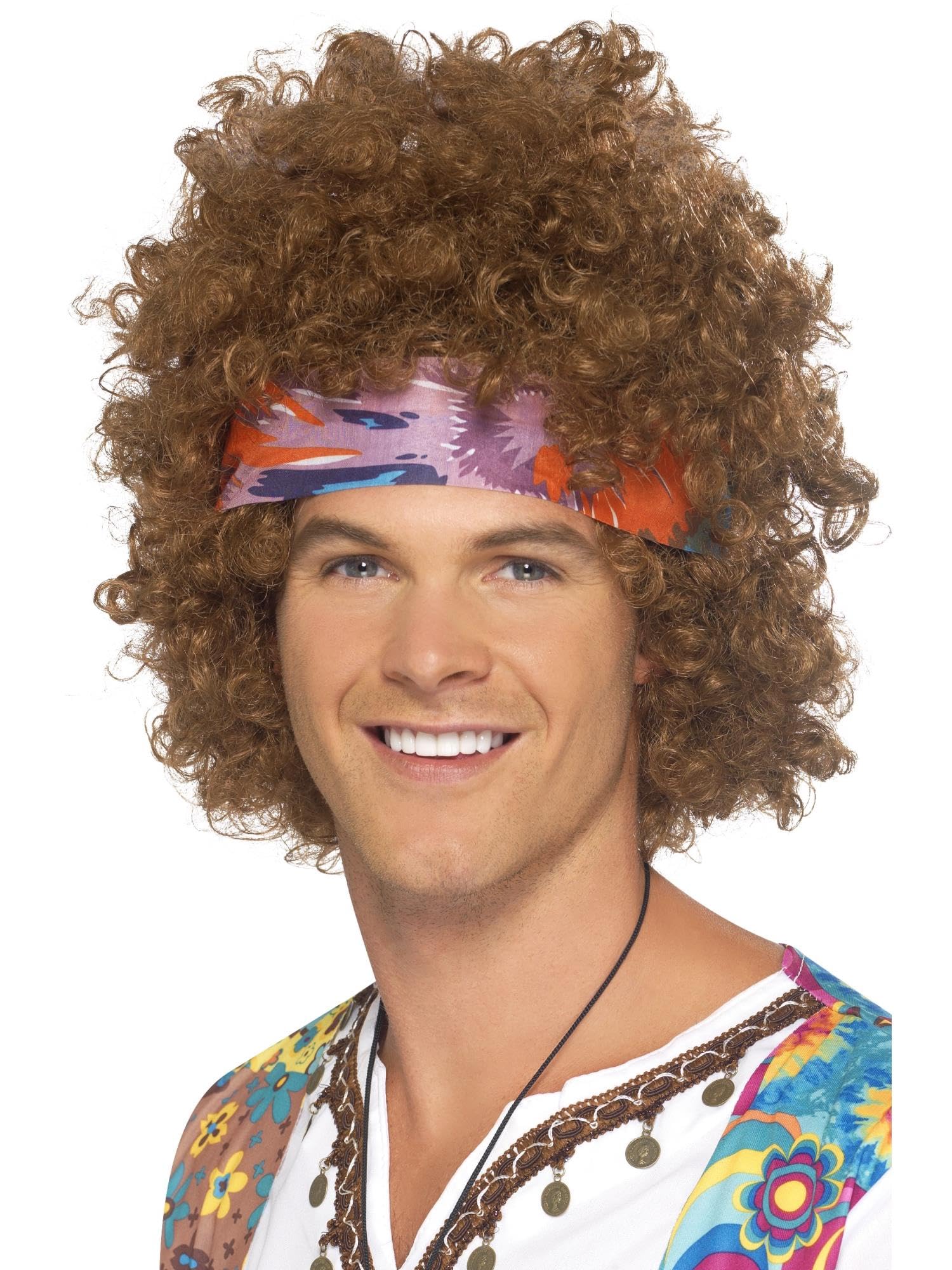 Smiffys Hippie Afro Kit, Brown with Wig, Headscarf & Peace Sign Necklace, 1960's Groovy Fancy Dress, Adult Dress Up Wigs Halloween