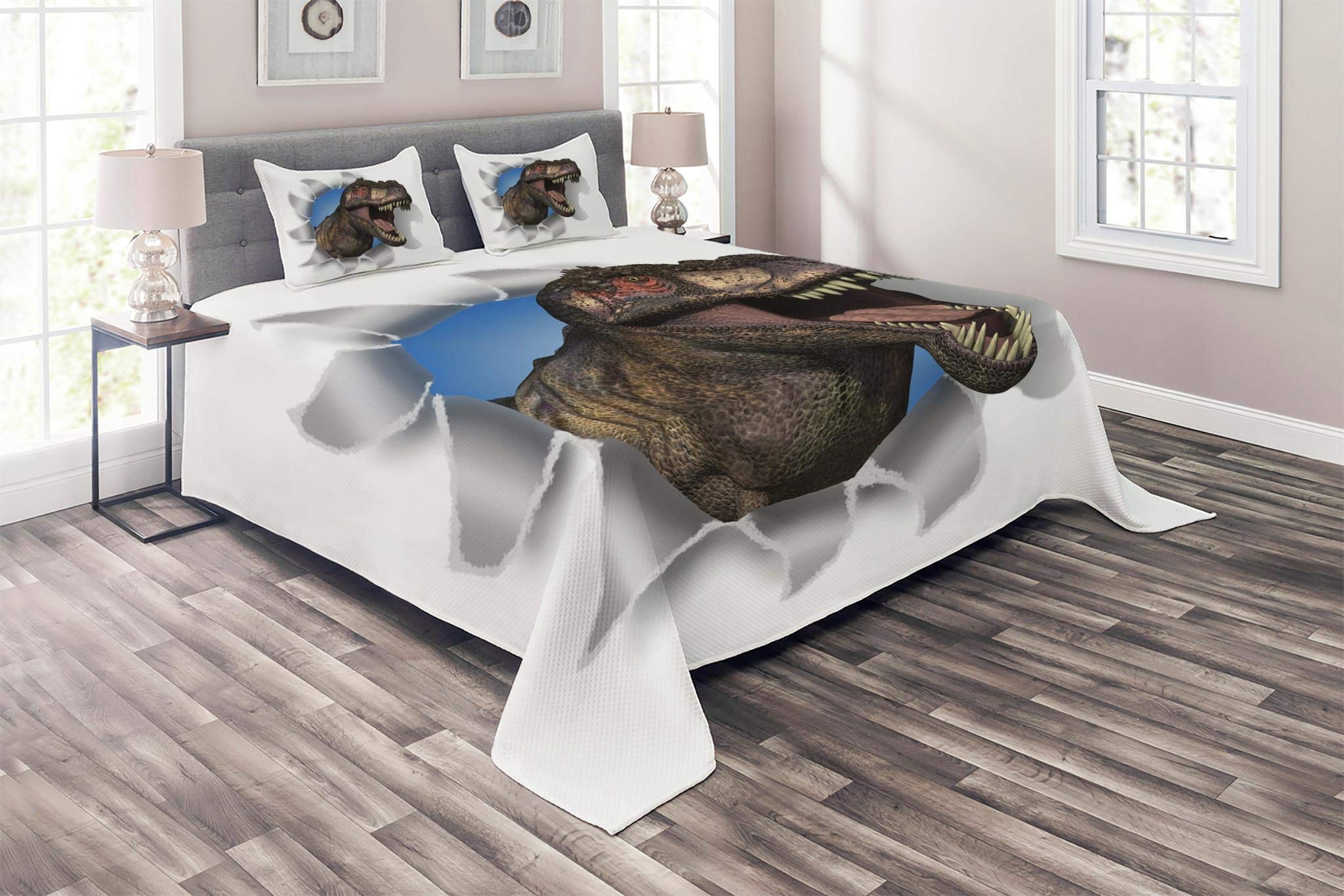 Lunarable Jurassic Coverlet Set King Size, Tyrannosaurus Rex Pokes Head Through Paper Wall Dinosaurs