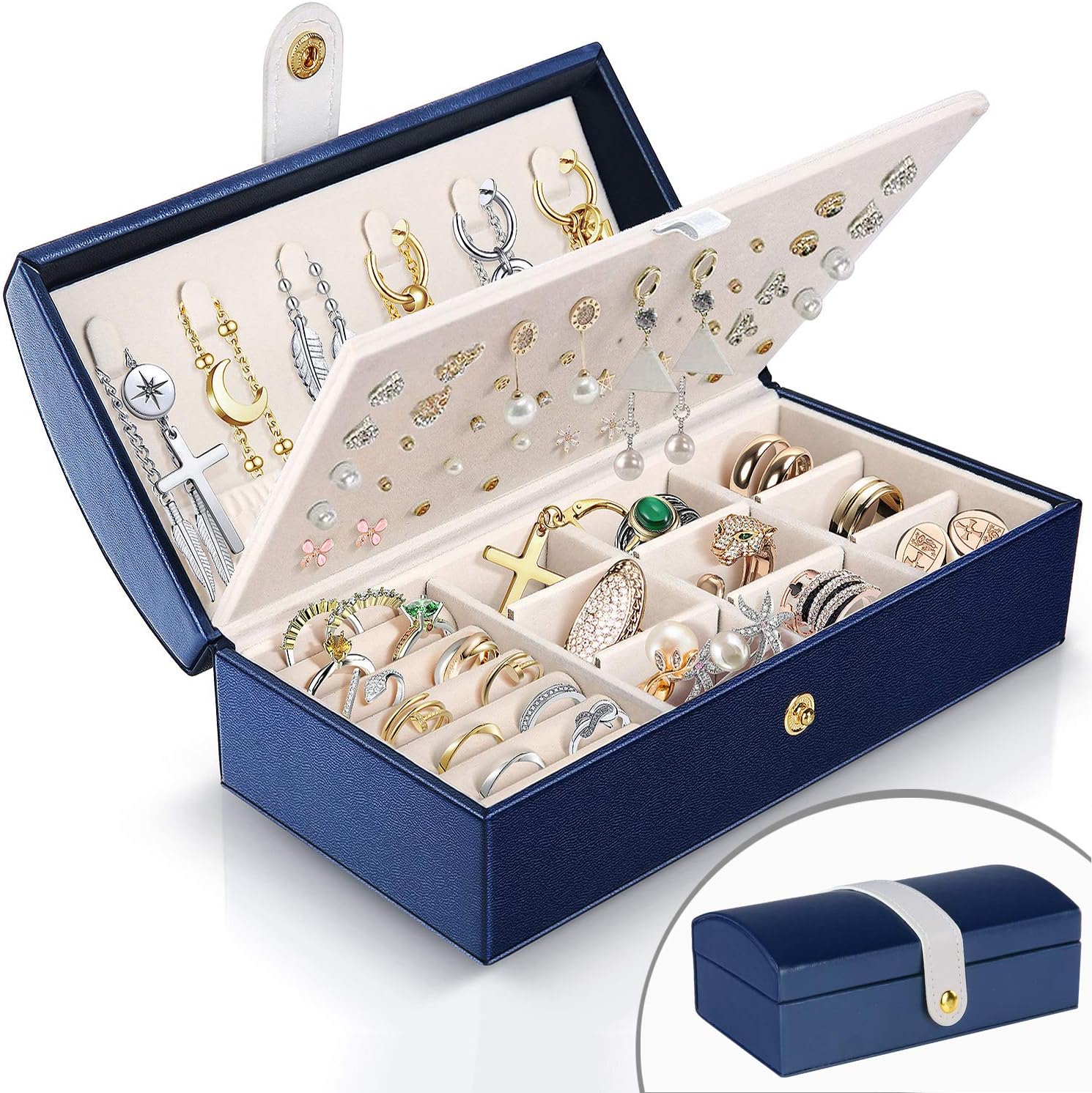 Travel Jewelry Box for Women, JOMARTO Two-Layer Jewelry Display Case PU Leather Jewelry Organizer for Necklace Earring Rings Compact Portable Jewelry Box with Button- Navy Blue: Home Improvement