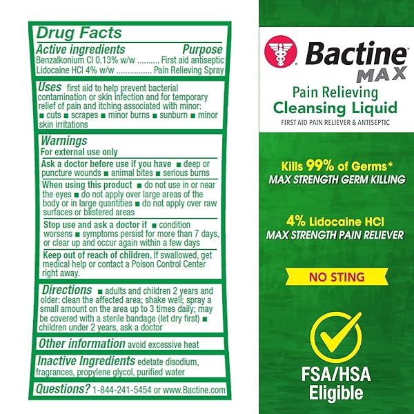 BACTINE MAX PAIN RELIEVING ANTISEPTIC SPRAY WITH LIDOCAINE, FIRST AID PAIN + ITCH RELIEF, NO-STING, KILLS 99% OF GERMS*, 5OZ