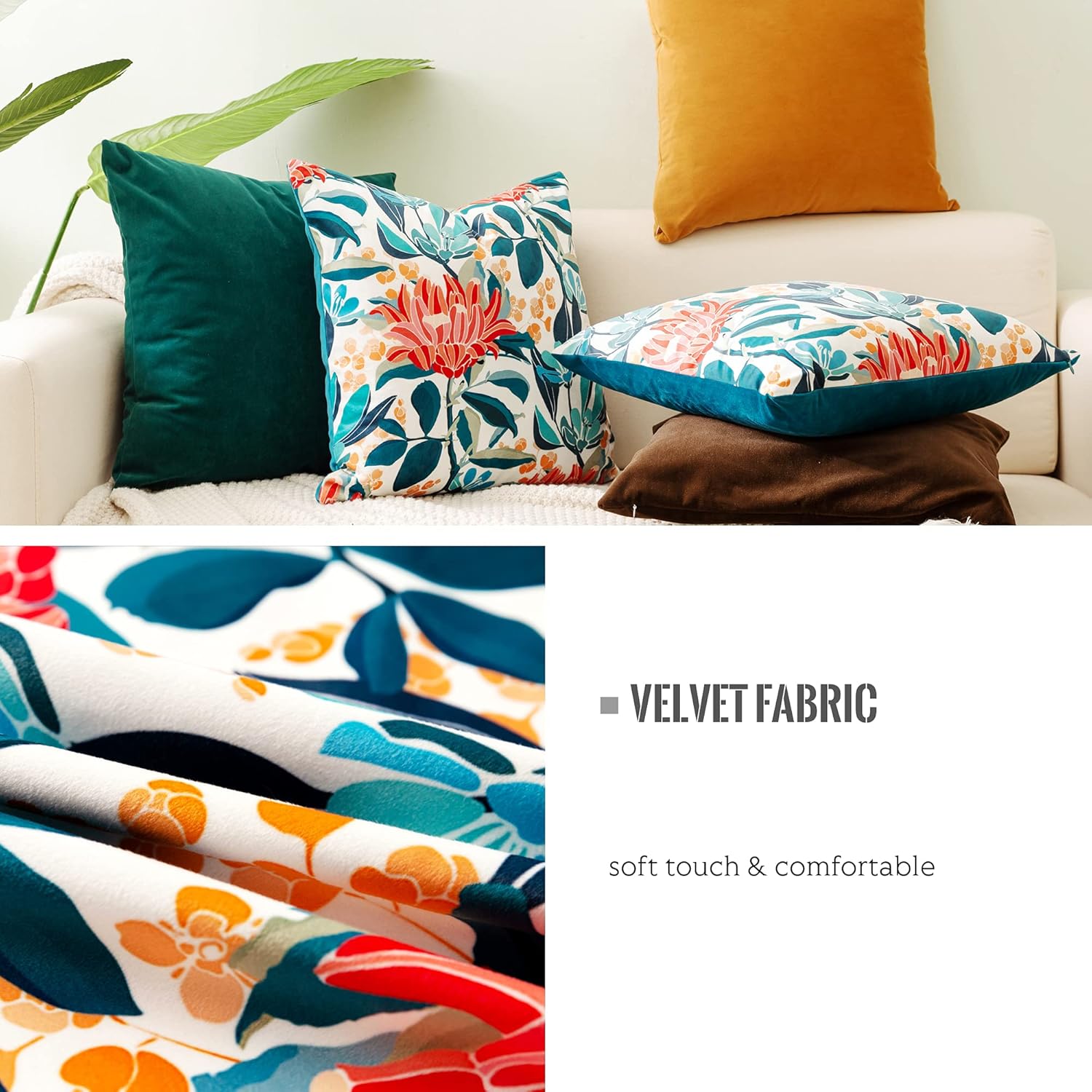 VROOMIUM Throw Pillow Covers-Teal Velvet Pillow Covers Blue 18x18 inch for Couch, Decorative Flowers Pattern Cushion Case for Sofa, Accent Pillow Cover: Home & Kitchen