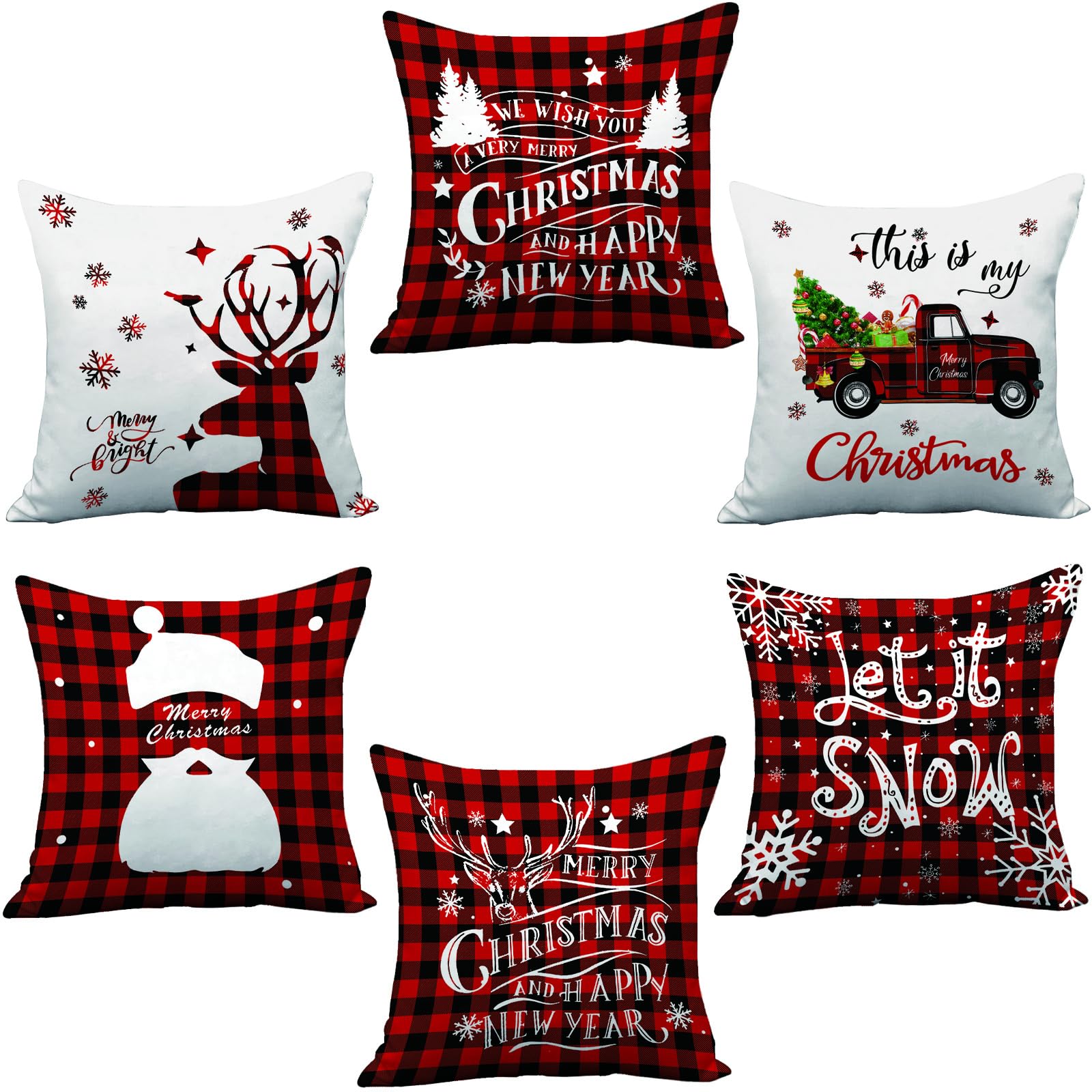 AMLOOPH Christmas Cushion Covers Set Of 6, Red Black Tartan Christmas Decorations Design Sofa Cushion Covers 50 X 50 cm Soft Plush Square Throw Pillow Covers Cases For Xmas Decorations Indoor