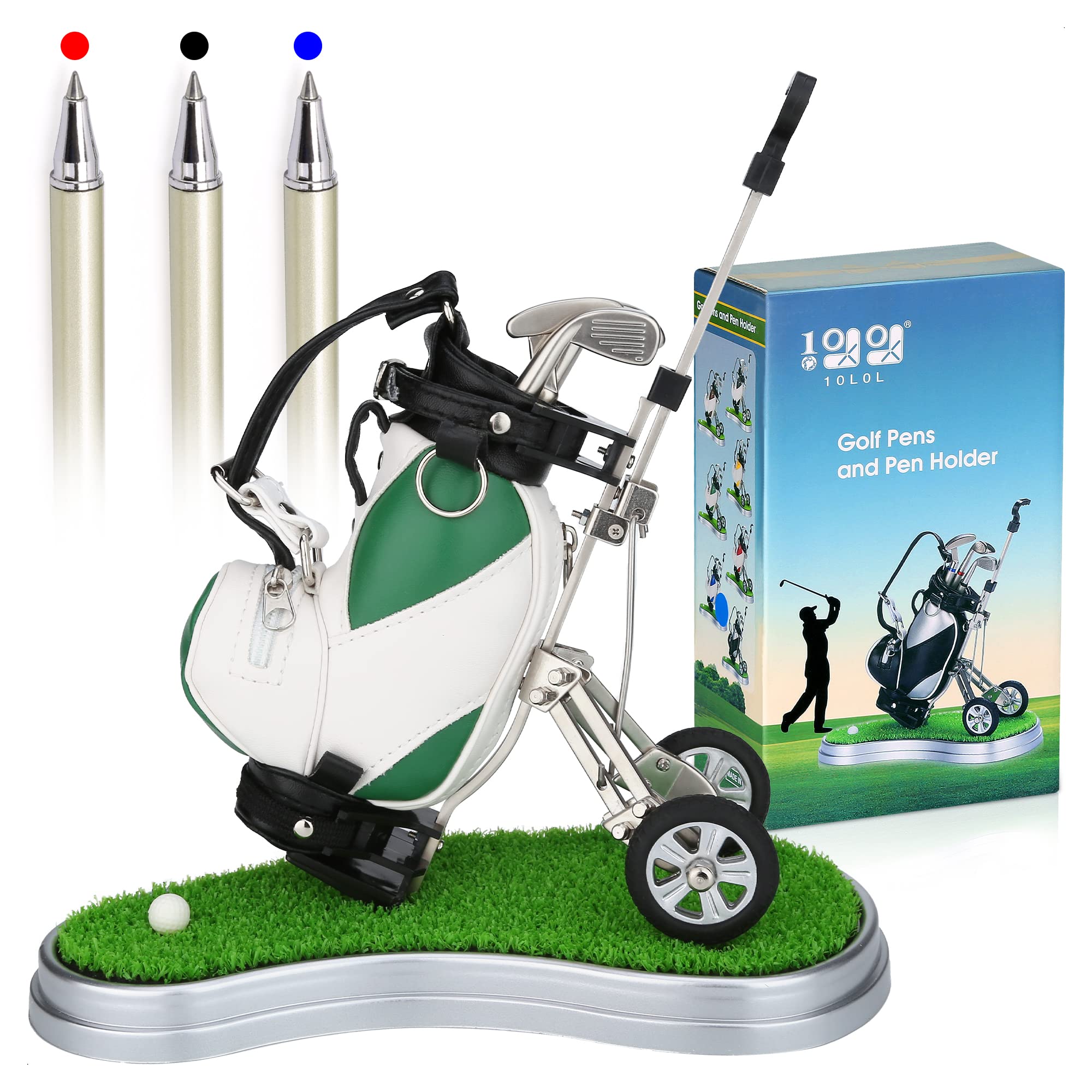 10L0L Golf Pen Holder with 3 Pieces Golf Club Pens Set Unique Golf Golf Desk Decor Gifts Souvenirs for Men - Green + White
