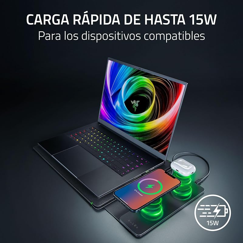 Funda para portátil 16" com carregamento sem fios - Duas zonas compatíveis com MagSafe para telemóvel e auscultadores - Carregamento rápido até 15W - Interior almofadado | Preto
