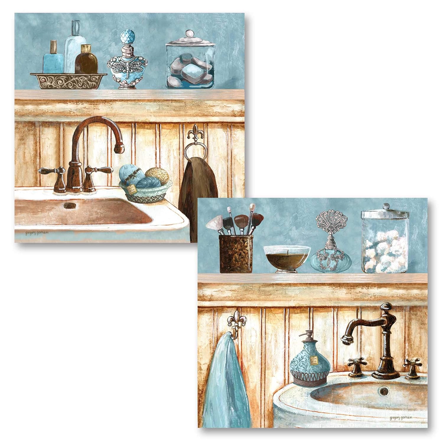 Gango Home Decor Powder Blue Bathroom Still Life Scenes; Two 12x12in Prints