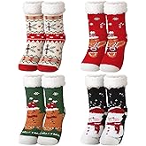 Fourluoo 4 Packs Christmas Fuzzy Slipper Socks Xmas Fluffy Sherpa Thermal Socks with Grippers for Women men