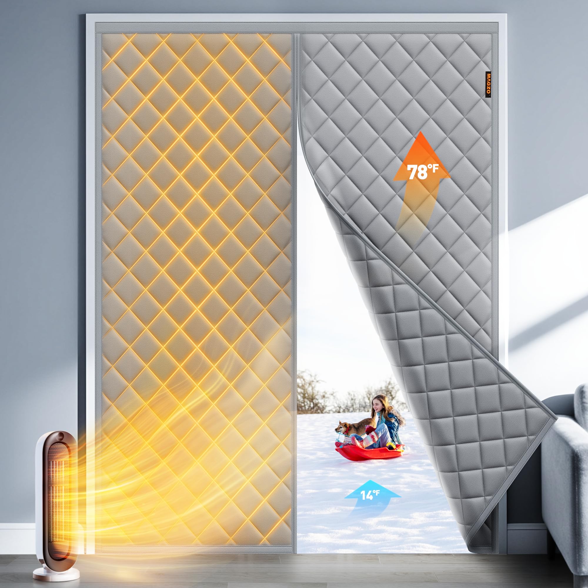 MAGZO Magnetic Thermal Insulated Door Curtain Fits Door Size 72" x 80", Oxford Cloth Strong Magnets Sliding Entrance Insulation, Thicken Cotton Winter Entrance Cover to Keep Cold Out, Gray Image