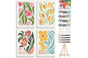 4 Pack Paint by Numbers Adult Kit with Frame Flower, Adult Paint by Number Kits Framed with Wooden Easel, Floral Easy Beginne