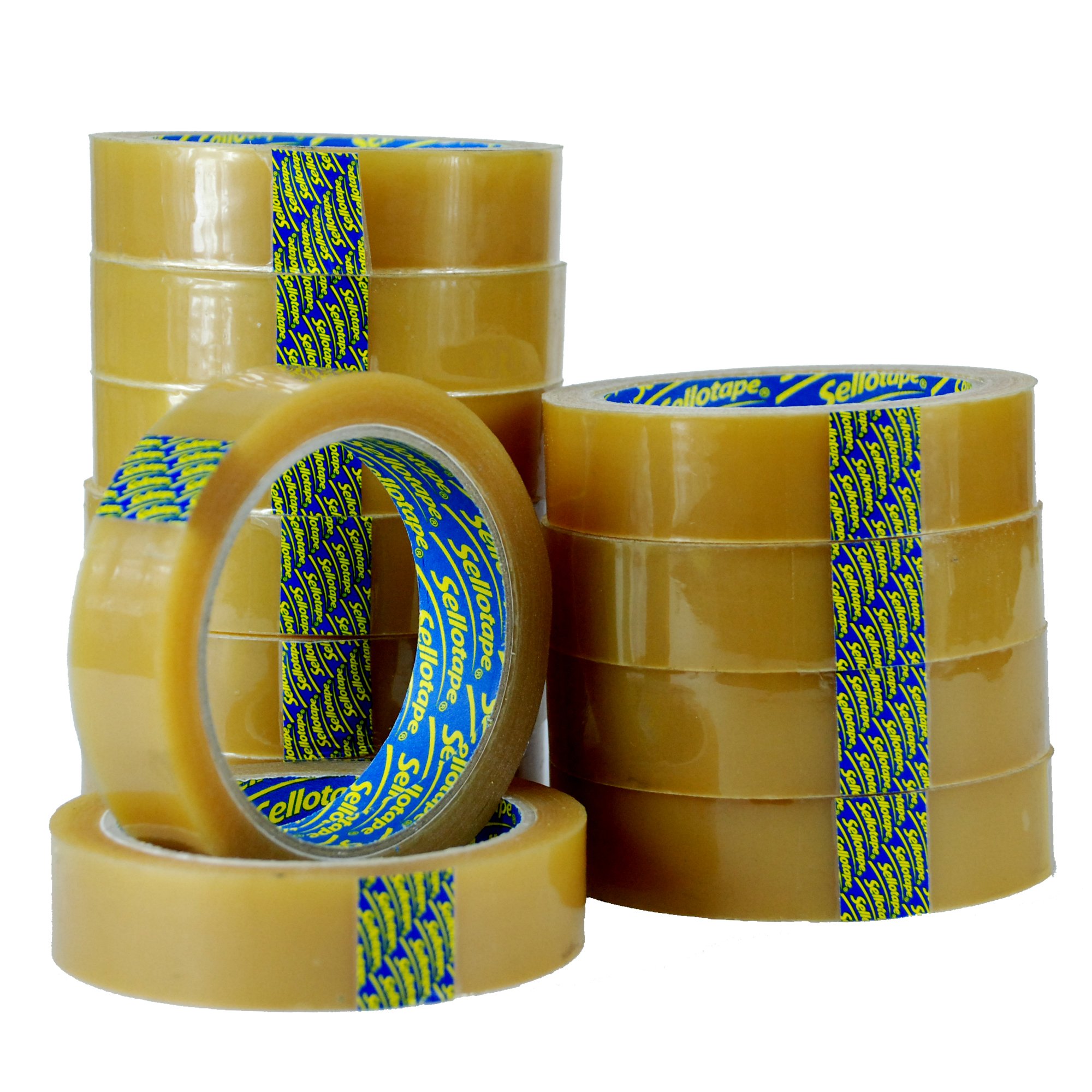 12 x Sellotape Original Golden Tape Roll Clear Non Static Easy Tear Tape 24mm x 50m - No Need for Scissors - Ideal for Home, Office or School Use.
