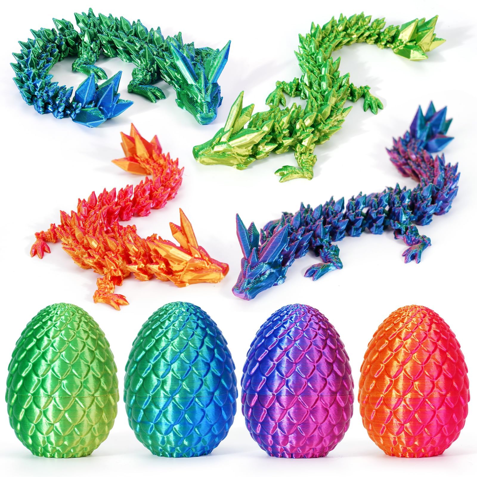 4PCS 3D Printed Dragon Eggs with Dragon Inside, Easter Dragon Eggs, Articulated Crystal Dragon, Mystery Dragon Egg Fidget Toy, 3D Printed Animals Set , Easter Gifts for Kids (NEW-1)