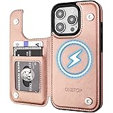 ONETOP Compatible with Magsafe for iPhone 16 Pro Wallet Case with Card Holder, PU Leather Kickstand RFID Blocking Case, Double Magnetic Clasp and Durable Shockproof Cover 6.3 Inch (Rose Gold)