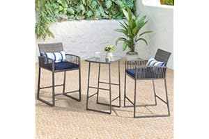 SUNSITT 3-Piece Outdoor Wicker Bar Height Table Set, 2 Bar Stools and 1 Pub Table with 2 Striped Pillows, Grey Rattan, Blue Seat Cushions, Steel Frame