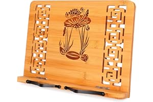 MEGREZ Book Stand for Reading (13.2 x 9.4 inch) Bamboo Cookbook Stand Holder for Kitchen, Adjustable Book Holder Stand for Tablet/Textbook Holder/Hollow Bookrest Stand, Lotus Plant & Lotus Root