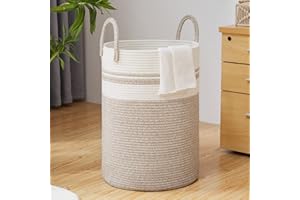 Woven Rope Laundry Basket by TECHMILLY, 72L Baby Nursery Hamper for Clothes Blanket Storage, Large Tall Laundry Hamper for College Dorm, Bedroom, Living Room, Brown & White