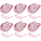 Haysandy 12 Pcs Holographic Space Cowgirl Hat with Rimless Sunglasses Neon Sparkly Cowboy Hat and Heart Sunglasses for Women