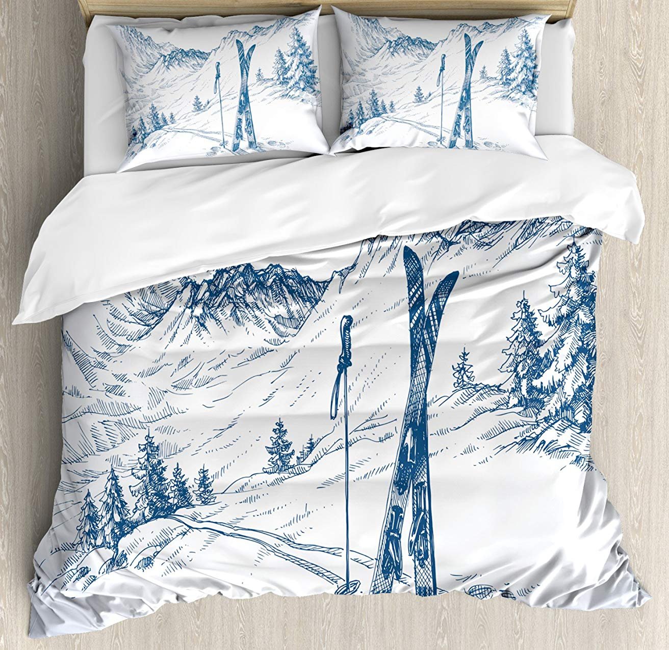 Queen Area Winter Duvet Cover Set Twin Size, Sketchy Graphic of a Downhill with Ski Elements in Snow Relax Calm Mountains View Theme,4 Piece Bedding Set with 2 Pillow Shams, Blue White