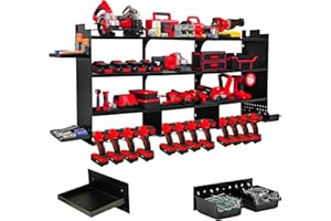 GRARISE Large Power Tool Organizer Wall Mount, With Attachable Shelves - Garage Storage System, Heavy Duty 4-Tier Rack Holds 12 Drills – Screw Holder Accessories, Utility Shelf for Workshop Organization