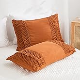 Burnt Orange Pillowcases, Macrame Tassel Pillow Cases Set of 2, 100% Washed Microfiber, Caramel Decor Tassel Boho Pillow Cover, 2 Pack (King, Rust Tassel)