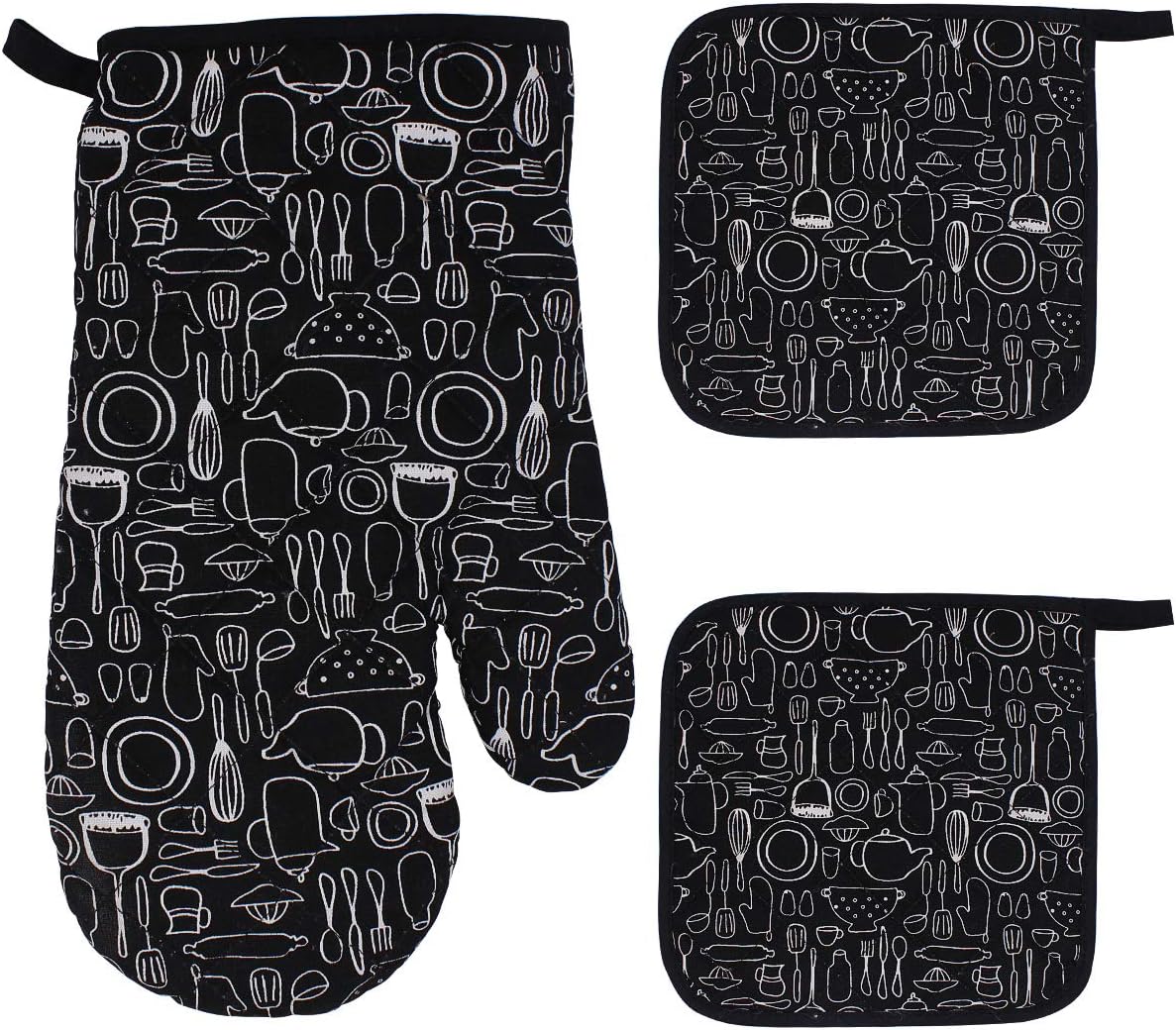 Dokpav 1 Heat Resistant Oven Gloves + 2 Placemat Potholder, Oven Mitts Microwave Baking Gloves Thick Long Gauntlet Oven Gloves with Quilted Cotton for Kitchen, Cooking, BBQ, Barbeque (Black)