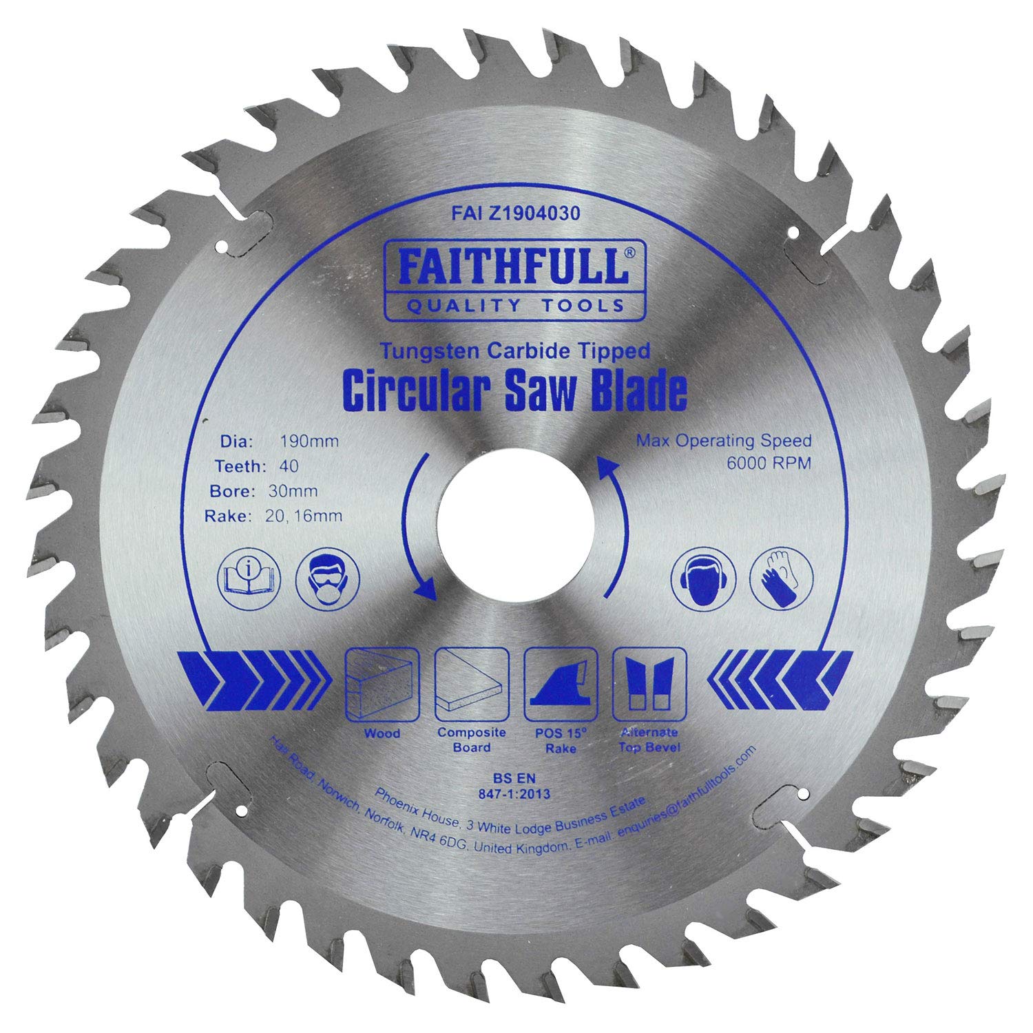 Faithfull FAIZ1904030 TCT Circular Saw Blade 190mm x 30mm Bush x 40 Teeth