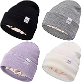 FEQO 4 Pack Satin Lined Beanie Hats Soft Silk Lined Beanies Knit Warm Cuffed Hats for Women Men