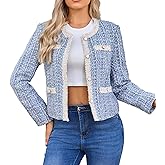 Csvinkiko Women's Tweed Blazers Cropped Long Sleeve Crewneck Open Front Lace Trim Lightweight Plaid Work Business Jackets