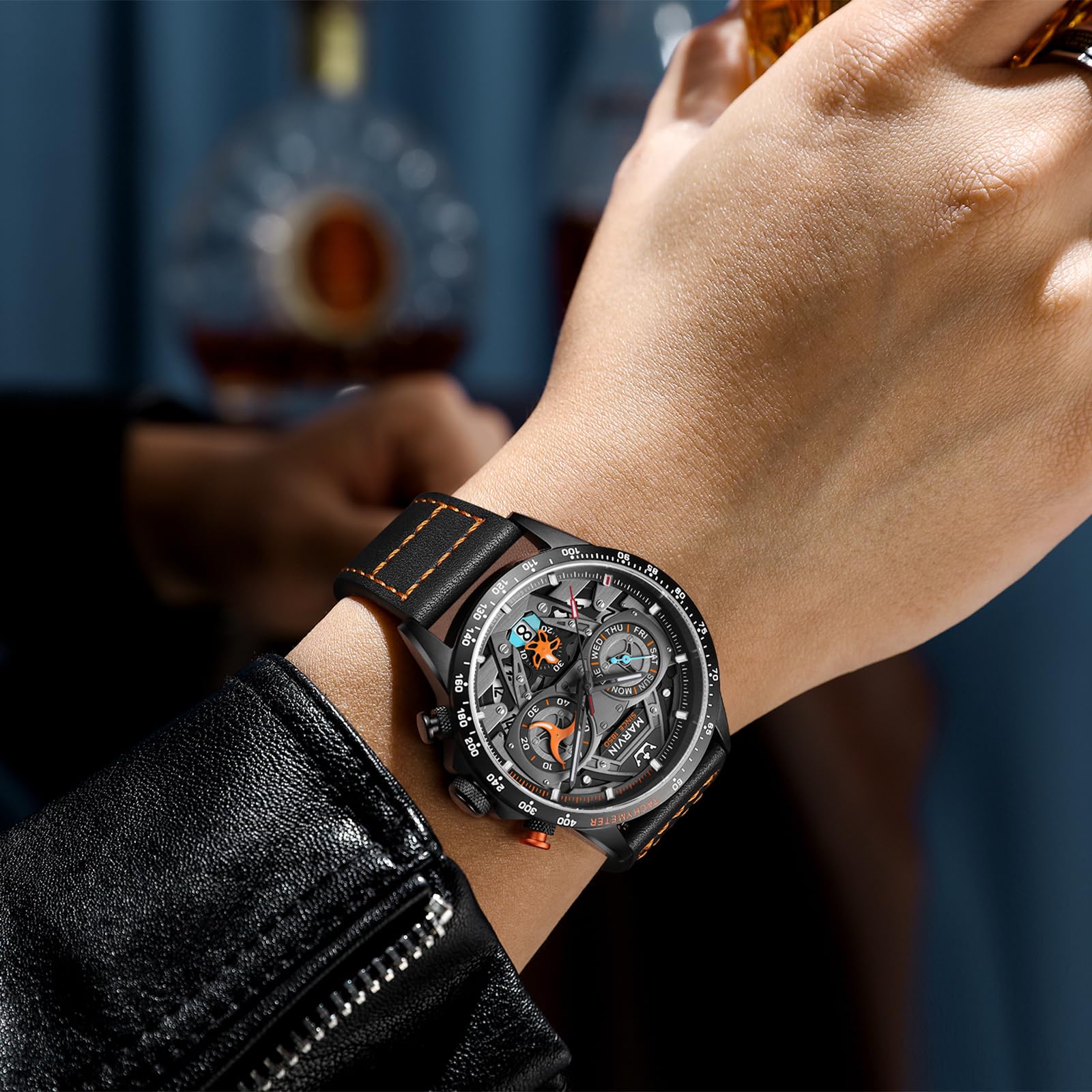 marvin Chronograph Watches for Men Swiss Mens Watch Luxury Men's Wrist Watches with Leather Strap and Weekday,Hour,Date Dial,Quartz Movement,Stainless Steel Case, Luminous,50M Waterproof