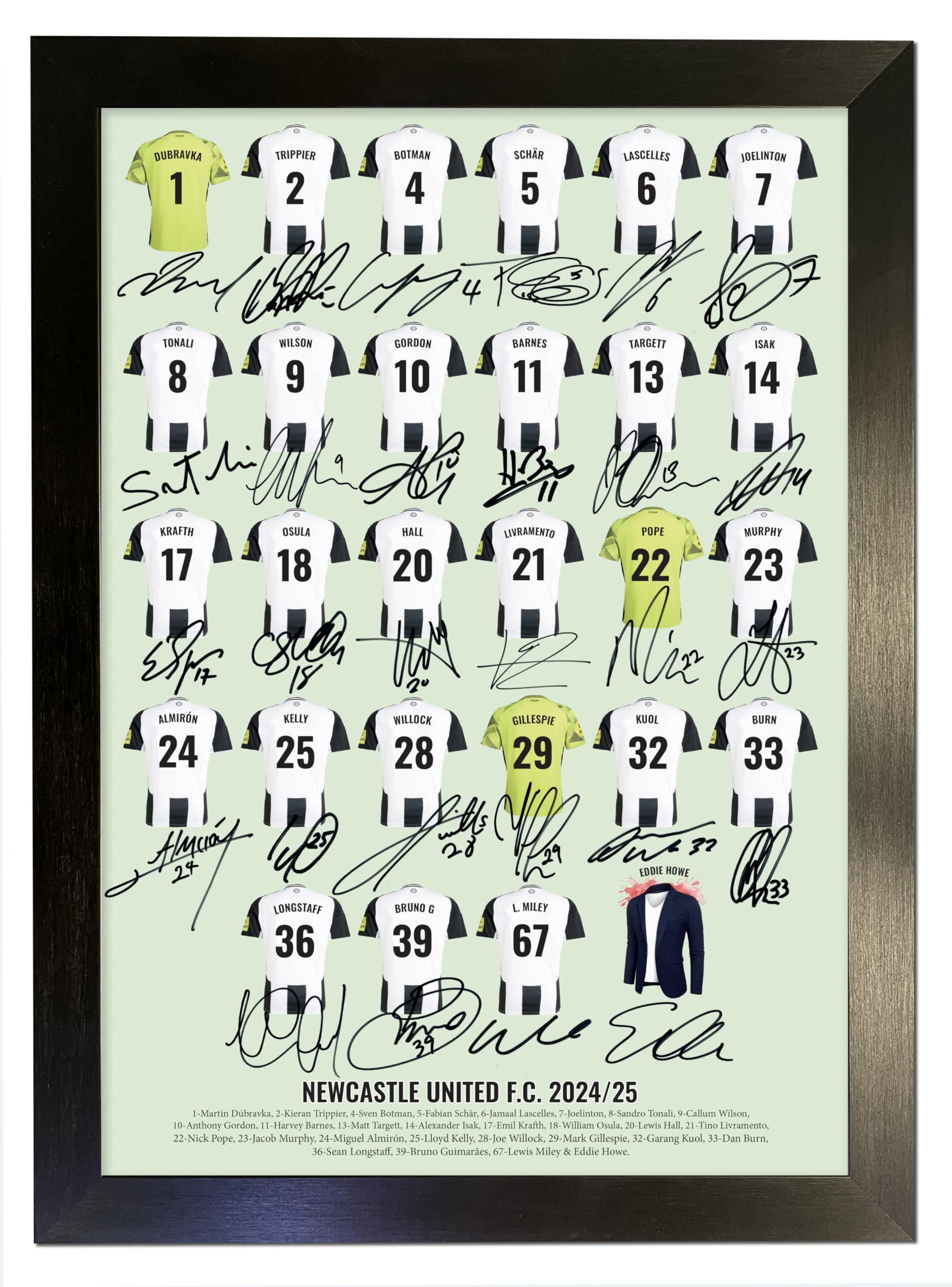 Newcastle United Squad Signed Reproduction – 2024/2025 Season Mounted Team Photo | Alexander Isak, Kieran Trippier, Anthony Gordon Replica Autographs | A3 Framed 34×46 cm Display (#878)