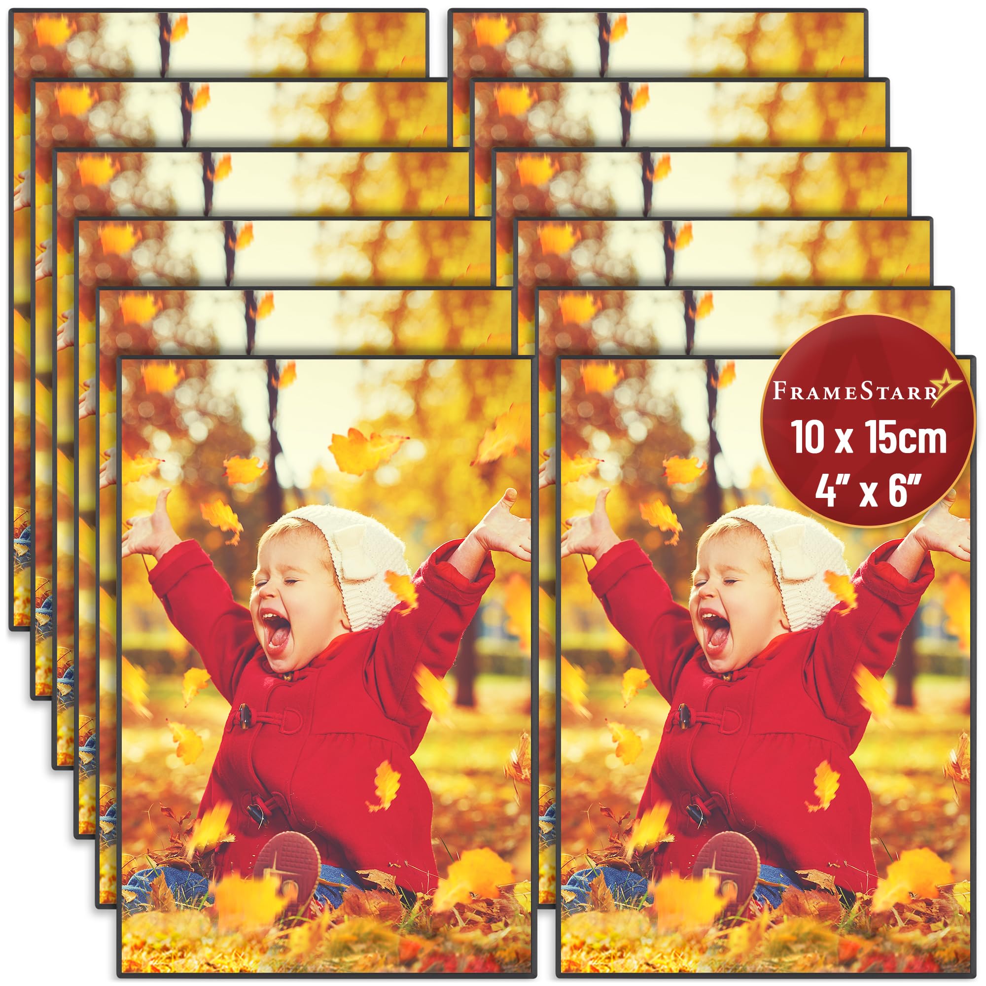 FrameStarr 6x4 Picture Frame Set (Black, 12 Pack), Front-Loading Contemporary Modern Style, Tabletop or Wall Mount, Harmony Collection