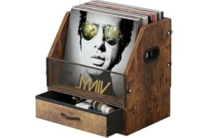 VonDream Vinyl Record Storage Crate with Fabric Drawer, Wooden LP Album Storage Holder for 12" Vinyls, All-in-One Organizer Holds 60 LPs